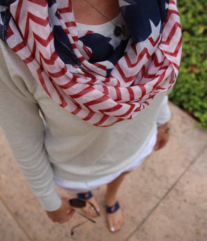 white shorts, flag scarf, scarf, flat, joie sandals, j crew, red white and blue