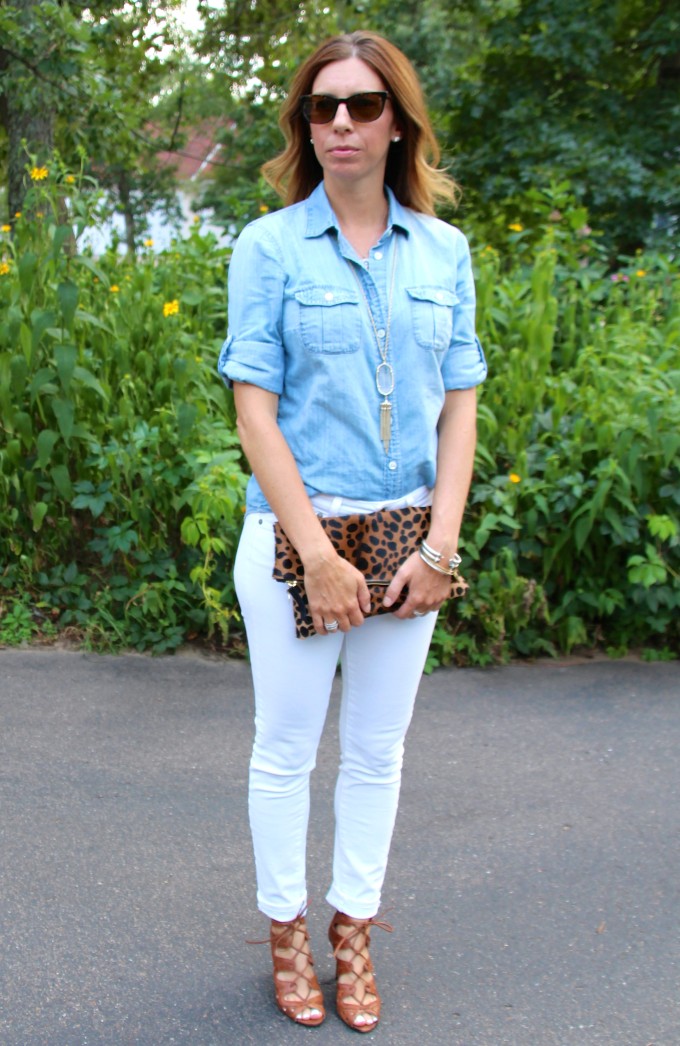 J. Crew, chambray shirt, shorts, casual, j crew chambray shirt, white jeans, paige denim, leopard clutch, vince camuto