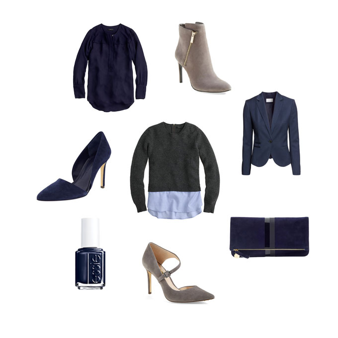 fall, fashion, grey, navy, booties, pumps, sweater, essie