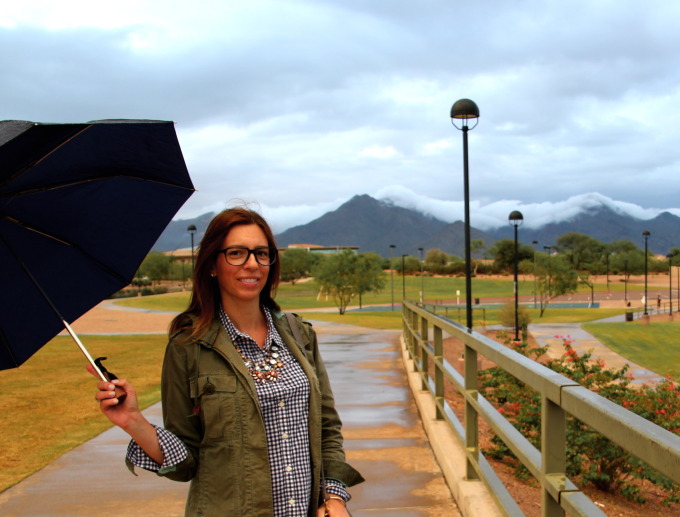 rainy afternoon in Scottsdale wearing grey Hunter boots