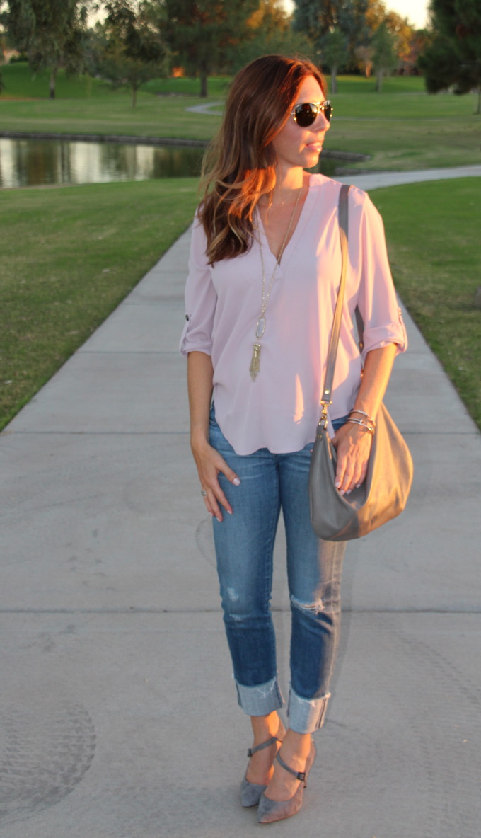 blush and grey outfit for fall