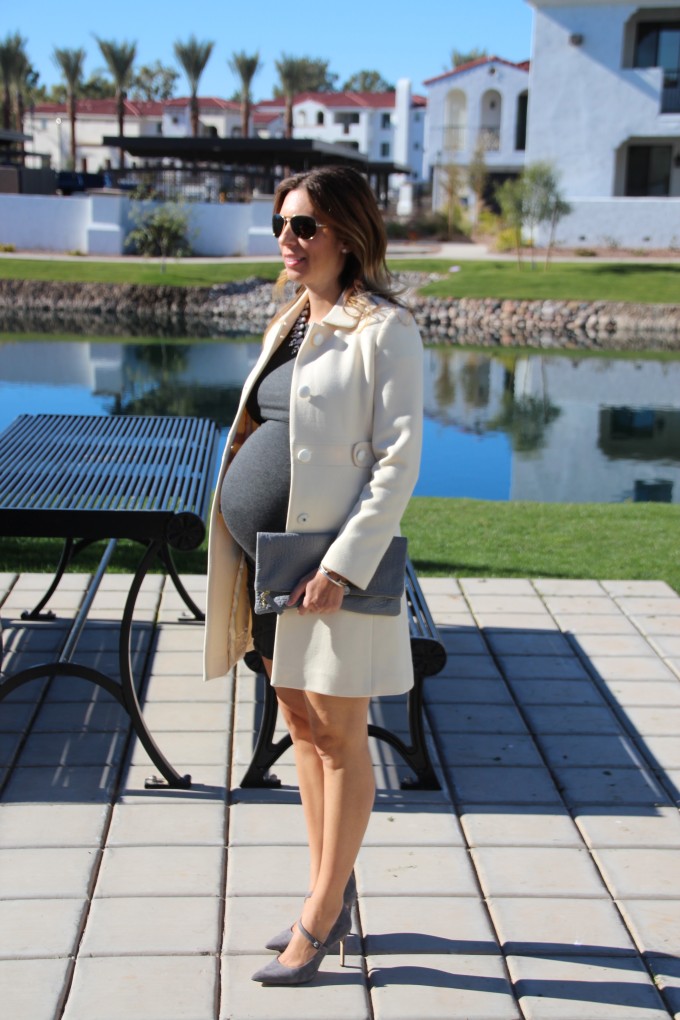 Grey dress and ivory coat at 26 weeks pregnant