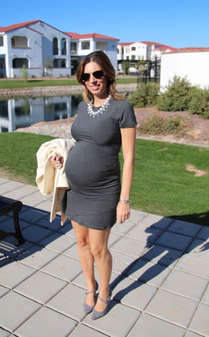 Grey dress and ivory coat at 26 weeks pregnant