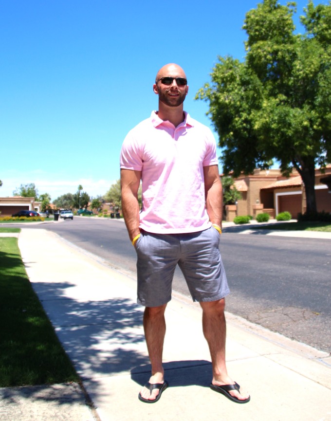 Men's Fashion: Pink Polo and Grey Shorts