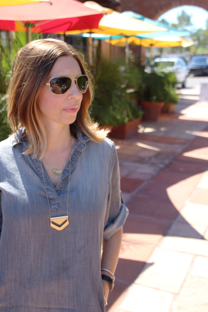 Grey Dress and Red Cole Haan oxfords, Madewell Necklace