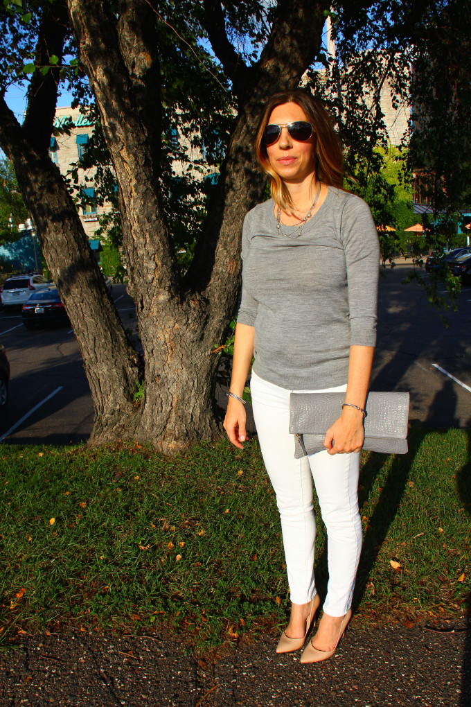 Grey J Crew Tippi Sweater & Clare V Clutch, White Jeans
