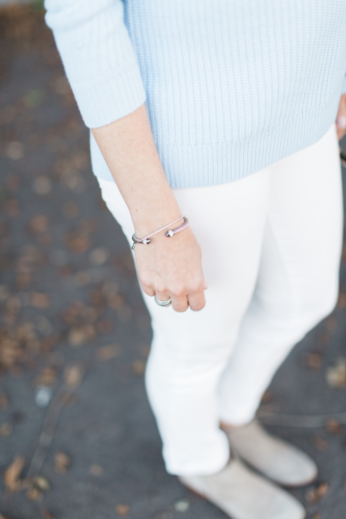 Blue Vince Sweater, White Jeans, Petty Booties