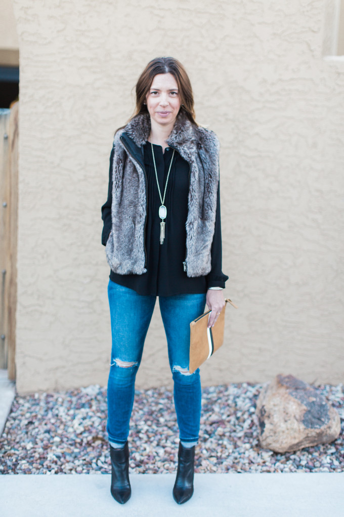 Black Shirt and Ankle Boots, Distressed Jeans, Fur Vest, Clare V Clutch