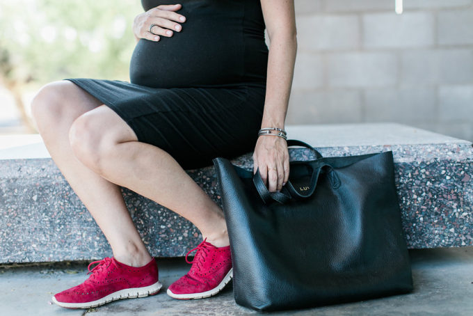 Storq Black Dress, Pregnancy Style, Maternity Essentials, Cole Haan Zerogrand Sneaker, Cuyana Tote