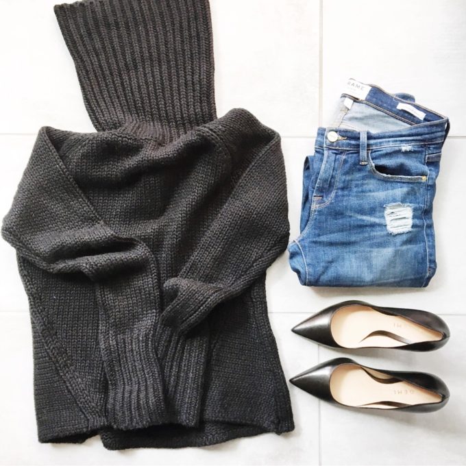 Black Sweater, Distressed Jeans, M. Gemi Heels